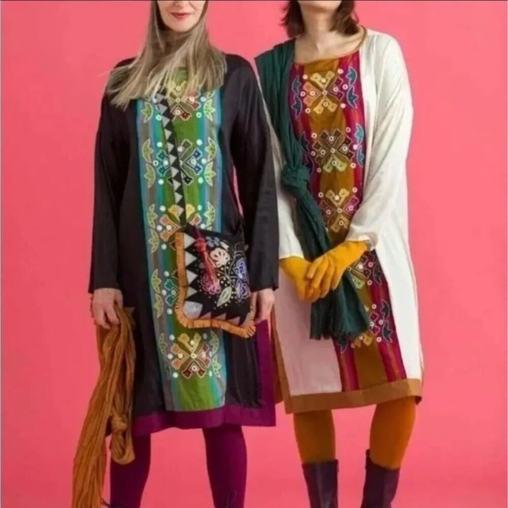 Gudrun Sjoden Dress Tunic Small Black embroidered Mirrored Lagenlook Art to Wear - Picture 2 of 8